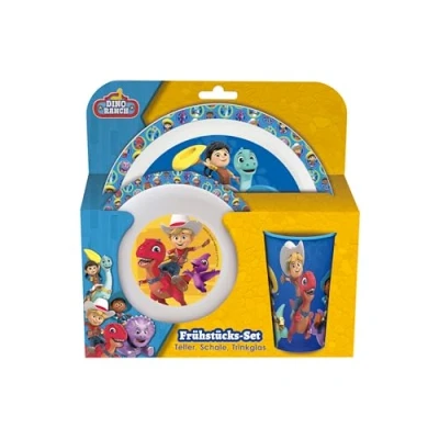 Immagine di p:os 35133 Set da Colazione Dino Ranch, 3 Pezzi con Piatto, Ciotola e Tazza, stoviglie in plastica per Bambini, Lavabili lavastoviglie/microonde, Multicolore,