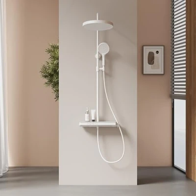 Immagine di EMKE Sistema Doccia con Termostato, Set Soffione a Pioggia, Piatto Termostatico da 40 cm, Mano 3 Tipi di Getto, Pioggia Rubinetto, Bianco Opaco
