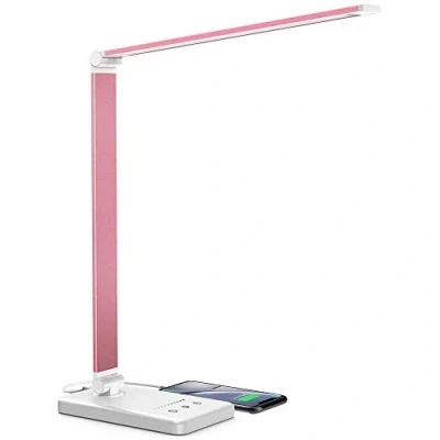 Immagine di Daover Lampada da Scrivania LED, Tavolo, 5 Modalità Colore, 10 Luminosità Dimmerabili, Funzione di Cronometraggio, Tocco Controllo, Ricarica USB per Smartphone Rosa