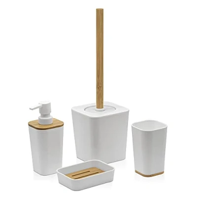 Immagine di Set Bagno Completo in Finitura Bianca Opaca con Dettagli bambù, Include Dispenser Sapone, Portaspazzolini, Portasapone e Portascopino