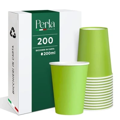 Immagine di Perla 200 Bicchieri di Carta da ml Bicchiere Monouso Biodegradabile Ecologico Adatto per Bevande Fredde e Calde Acqua usa getta (Verde)