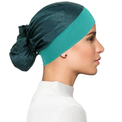 Immagine di Chemo copricapo da donna per la testa delle sciarpe turbanti UK cancro bandane perdita di capelli Beanie cappello sciarpa berretto musulmano seta, Verde tinta unita.