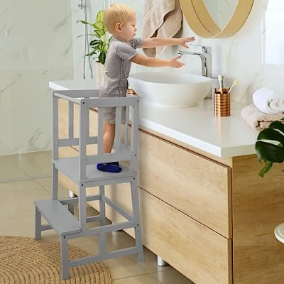 Immagine di COSYLAND Torre Montessoriana in Bambù Bambini Torretta Certificazione CPC di Apprendimento (Grigio)