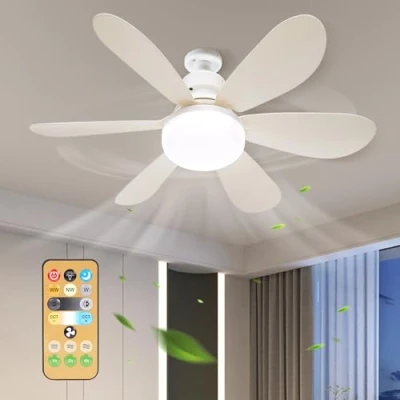 Immagine di Silenzioso ventilatore da soffitto con luce e telecomando, 30 W, presa E27, dimmerabile LED per camera, 6 pale, 3 velocità, tempismo (bianco)