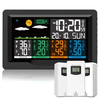 Immagine di Qxmcov Stazione Meteo Meterologica Digitale con 3 Sensore Esterno Wireless, Meteorologica Schermo Colori Sveglia Tempo Data Temperatura umidità Previsioni di