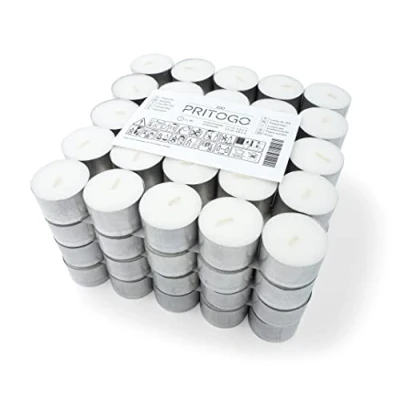 Immagine di Pritogo Candeline da tè, colore bianco, 100 pezzi, diametro 3,8 x 2,5 cm, in alluminio, durata di combustione: 8 ore