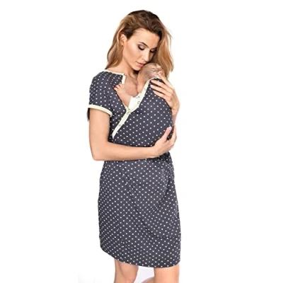 Immagine di MijaCulture Camicia da Notte 3 in1 Cotone Premaman/Allattamento/per Parto Ospedale 4123 (IT46 / L, Grafite/Cuori)