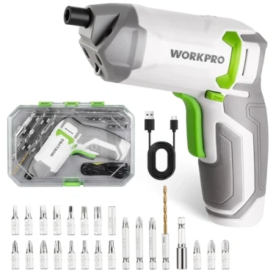 Immagine di WORKPRO Avvitatore Elettrico da 3,6 V, Cacciaviti Eccentrici a Batteria 2,0 Ah, 7 Nm, 2 Direzioni di Rotazione + Lampada LED, 24 Bit, Cavo Ricarica USB, per Fai Te, Bianco