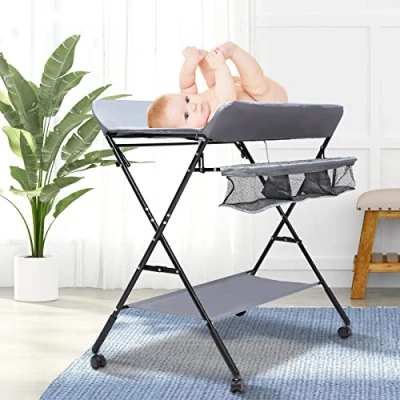 Immagine di fasciatoio portatile, fasciatoio, pieghevole, con cintura di sicurezza e scomparti, salvaspazio stabile (grigio ruote)