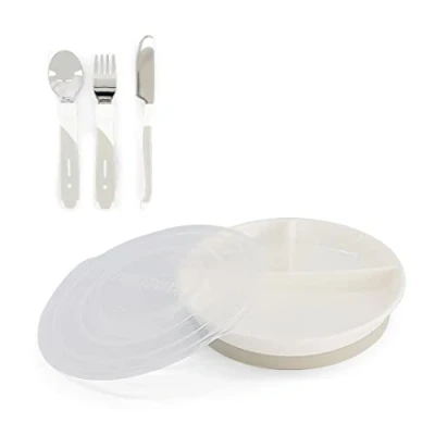 Immagine di Twistshake Set Di Stoviglie Per Bambini Piatto Diviso + Posate In Acciaio Inossidabile 12m+ Senza BPA Kit L&#039;addestramento Alimentare Dei Bianco