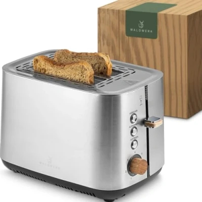 Immagine di WALDWERK Design tostapane in acciaio inox 304 e legno di quercia per 2 fette con panino camere extra larghe profonde cassetto raccogli briciole