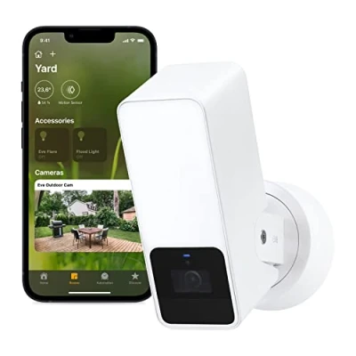 Immagine di Eve Outdoor Cam (White Edition) videocamera con riflettore sicura, sicurezza e privacy (HomeKit Secure Video), visione notturna, Wi Fi (2.4 GHz), sensore di movimento, comunicazione bidirezionale