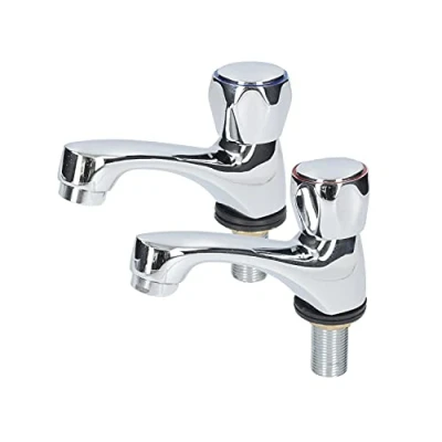 Immagine di Fontastock URBEL FSKFGB004 Set di 2 rubinetti singoli per lavabo acqua fredda/calda staffe fissaggio, maniglia in zinco e corpo ottone