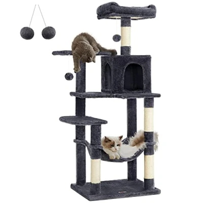 Immagine di Feandrea Albero per Gatti Alto 143 cm, Tiragraffi Gatti, con 4 Pali Graffiatoi, 2 Posatoi, 1 Grotta, Amaca, Pompon, in Peluche a Più Livelli, Grigio Fumo PCT161G01