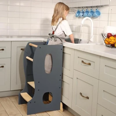 Immagine di torre di apprendimento in legno Montessori salvaspazio : pieghevole, sgabello per bambini, scala pieghevole con protezione anti inclinazione (Graphite)