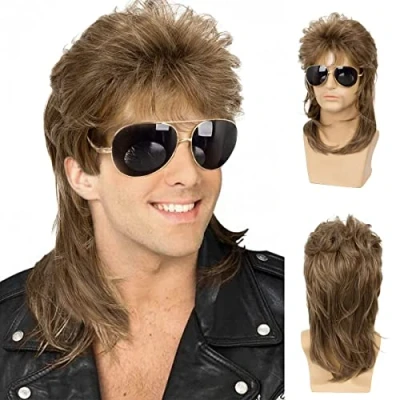 Immagine di Qnbiar Mullet Wig Uomo Marrone Chiaro Ricci 70s 80s Retro Costume Cosplay Parrucca Rocker Disco Fancy Show Parrucche
