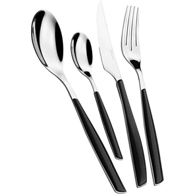 Immagine di BUGATTI, Glamour, Set Posate 24 pezzi in Acciaio Inox 18/10 e manico colore NERO PIANO. 6 persone composto da cucchiai, forchette, coltelli cucchiaini caffè