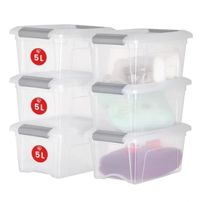 Immagine di Iris Ohyama Scatole Portaoggetti in Plastica con Coperchio, 5L, Lotto di 6, Argento, Clip Bloccaggio, Empilabile, Maniglia, Per Camera, Armadio, Ufficio, Organizzatore, Senza BPA Plastica, NTB 5