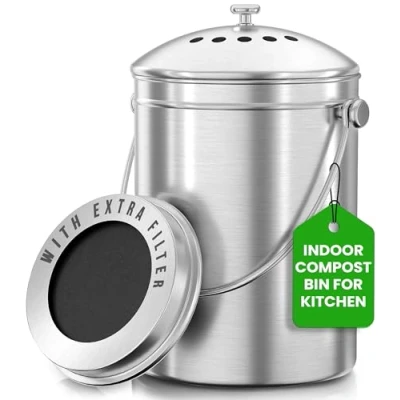 Immagine di Bidone per compostaggio in acciaio inox di alta qualità, 3 litri, include filtro al carbone Utopia Kitchen