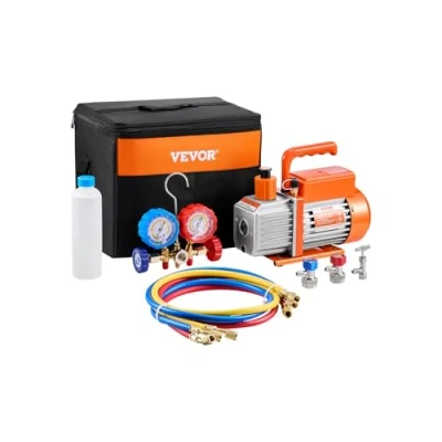 Immagine di VEVOR Pompa per Vuoto e Manometro AC 1,65 L/s, ad Aria HVAC a Palette Rotanti Monostadio, Kit Collettore Refrigerante A/C, con Tubi Flessibili, Refrigerazione R134a, R12, R22, R502a