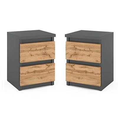 Immagine di MRBLS Set di 2 comodini moderni con cassetti, in legno, per la camera da letto (grigio opaco Wotan), 30 x 43 32,5 cm (larghezza altezza profondità)