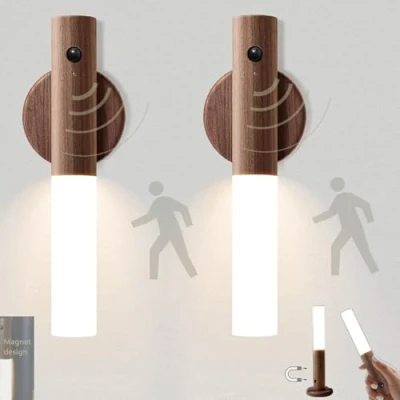 Immagine di 2 Pezzi Lampada Scale LED Luce Notturna Sensore di Movimento Ricaricabile USB Armadio Luci Batteria Magnetica Legno Applique da Parete Interno Interruttore Portatile Campeggio Bambini Neonato