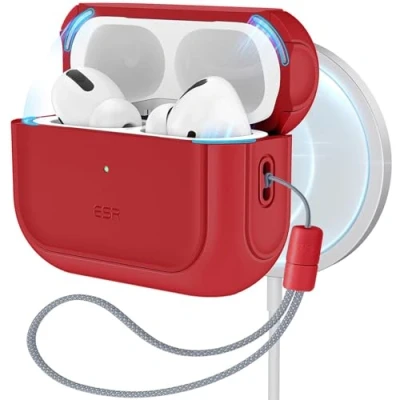 Immagine di ESR Cover per AirPods Pro 2/1 Gen (2023/2022/2019), Compatibile con 2 (USB C/Lightning Cable), Custodia abilitata a MagSafe, Protezione dalle cadute, Chiusura magnetica, Serie Orbit, Rosso