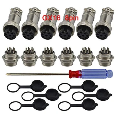 Immagine di QitinDasen 6 Set GX16 8 Pin Aviazione Spina Connettore, 5A 16mm Maschio Femmina Metallo con Gomma Berretto e Cacciavite a Croce