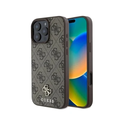 Immagine di CG MOBILE Guess HC custodia per telefono progettata iPhone 16 Pro Max, durevole, antiurto, compatibile con Magsafe, PU 4G Small e classica, marrone