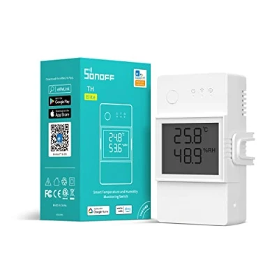 Immagine di SONOFF THR316D TH Elite 16A Interruttore WiFi intelligente con schermo LCD per monitorare temperatura e umidità, controllo automatico di caldaie irrigazione, compatibile Alexa Google Home