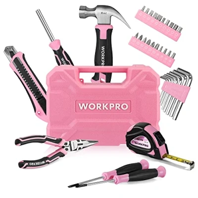 Immagine di WORKPRO Set di Attrezzi Rosa da 35 Pezzi, Cassetta Completa in 1 con Coltello, Martello, Pinze, Cacciavite, Metro a Nastro, Chiave Brugola, Perfetto per Tutti i Lavori Casa e Ufficio