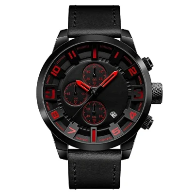Immagine di FeiWen Uomo Casual Fashion Analogico Quarzo Orologi da Polso Acciaio Inox Cassa e Pelle Banda Data Cronometro Orologio (Rosso)
