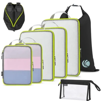 Immagine di Cipway Organizer Valigia,Cubi da Imballaggio a Compressione, Design Rete, Salvaspazio Borse Viaggio Set Sacchi Sottovuoto Vestiti per Zaini o Bagagli Mano (Nero,8 Pezzi)