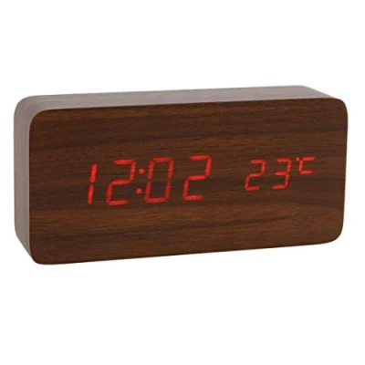 Immagine di Lancoon Orologio Digitale In Legno Sveglia A Led Multifunzione Con Indicazione Di Ora/Data/Temperatura E Controllo Vocale Per I Viaggi Ufficio AC11Brown_Red