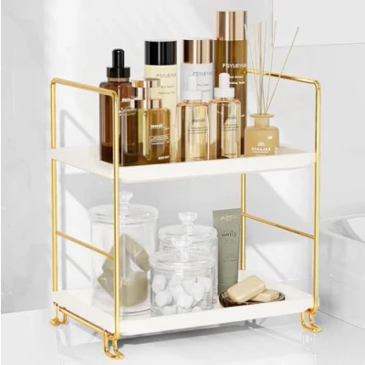 Immagine di FSyueyun Scaffale per trucco a 2 livelli, portaspezie da cucina o bagno, vassoio portaoggetti camera letto (oro)