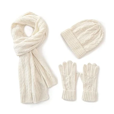 Immagine di Villand 3 Pezzi Cappelli Sciarpa con Guanti Touchscreen per Uomini e Donne, Set Unisex il Freddo Foderato in Pile Borsa Regalo (Bianco)