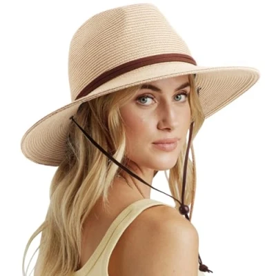 Immagine di DRESHOW Cappello Panama Donna da Sole in Paglia a Tesa Larga di Regolabile Cappelli Spiaggia UPF 50+