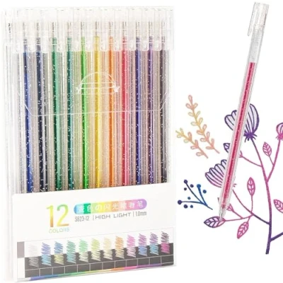 Immagine di EooUooIP Set di 12 penne gel glitterate, metallizzate con inchiostro ad asciugatura rapida, per diari, colorare, disegnare, scarabocchiare, ufficio, scuola