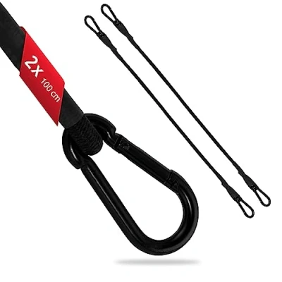 Immagine di ECENCE 2x corda elastica con moschettone della lunghezza di 100cm, colore Nero Cinghia elastica, tenditore per bagagli, estensore, tensione biciclette