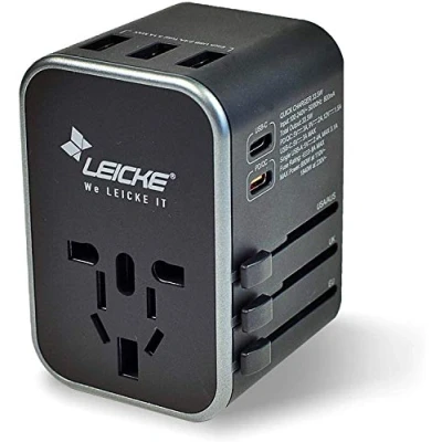 Immagine di LEICKE Adattatore universale da viaggio,con fusibile di riserva,adattatore viaggio per 3 connessioni USB A e 2 tipo C 1PD/QC 1 Presa CA oltre 224 paesi con spine USA/EU/UK/AUS