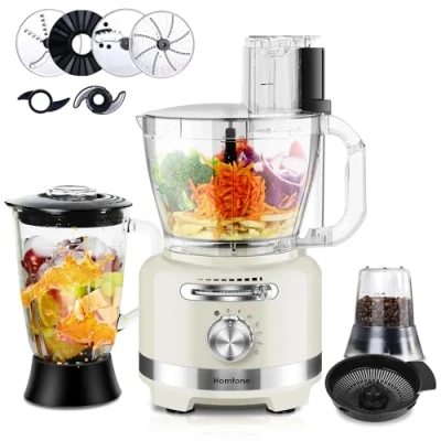 Immagine di Homtone Robot da cucina elettrico 10 in 1, 1000 W, con frullatore di vetro 1,5 l e ciotola 3 l, per tagliare, tritare, grattugiare, mescolare, purè impasto, 6 presenze, uso domestico, bianco