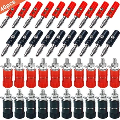Immagine di QitinDasen 40Pcs Premium 4mm Banana Connettore Plug Socket Kit: 20Pcs Placcato Nickel + Speaker Terminale Binding Post, per Altoparlanti, Audio/Video Ricevitore (Nero &amp; Rosso)
