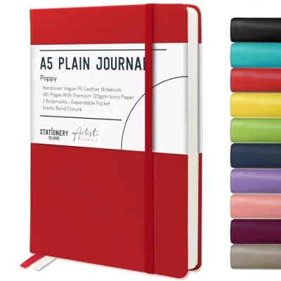 Immagine di STATIONERY ISLAND Taccuino Sfoderato A5, Semplice con Copertina Rigida Carta Spessa Premium da 120 gsm, Notebook Bianco Rosso