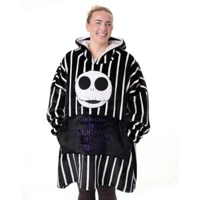 Immagine di Disney The Nightmare Before Christmas Felpa con Cappuccio Coperta indossabile Unisex Pullover a Righe per Adulti in Nero Personaggio Jack Skellington Loungewear Foderato