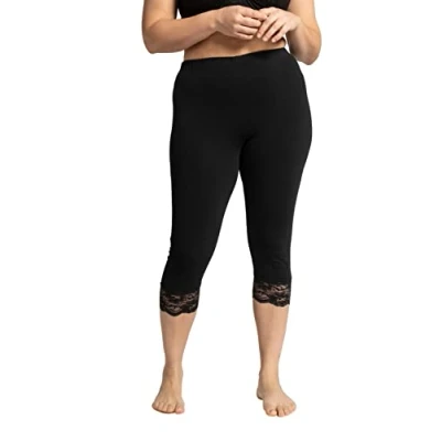 Immagine di Ulla Popken Capri con Orlo in Pizzo Elasticizzato Pantaloni, Nero, 50 52 Donna