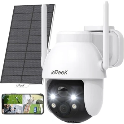 Immagine di ieGeek 2K Telecamera Wi Fi Esterno Senza Fili a Batteria, 360 PTZ Videocamera Sorveglianza con Pannello Solare, Rilevazione di Movimento PIR Allarme, Visione Notturna Colori, 2 Vie Audio, IP65