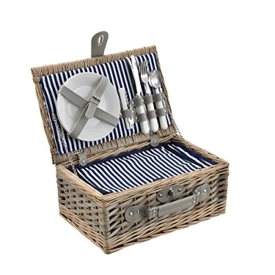 Immagine di casa.pro Cestino da Picnic per 2 Persone Valigia in Rami di Salice Vintage Set Incluso Piatti Posate Bicchieri Borsa Termica Cavatappi Interno Blu/Bianco