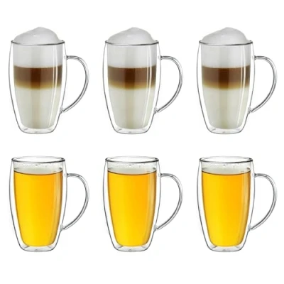 Immagine di Creano tazze in vetro termico a doppia parete con manico, 250 ml, grandi borosilicato parete, da tè/caffè, 6x250 ml