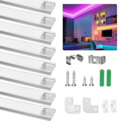 Immagine di Ykall Profilo in Alluminio LED, 8 x 1M/3.3ft U Forma con Copertura Bianco Latte Trasparente, Clip di Montaggio e Tappi Terminali Metallo, Compatto Facile da Tagliare Installare Argento