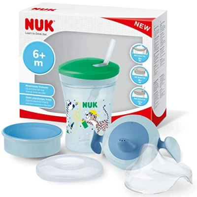 Immagine di NUK 3 in 1 Set per imparare a bere con Trainer Cup Bicchiere Antigoccia (6+ mesi), Magic 360 Tazza (8+ mesi) e Action Bambini (12+ 230 ml Senza BPA verde